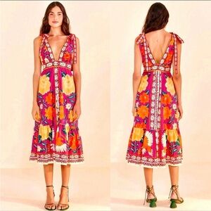 FARM Rio Pink Floral Tie-Shoulder Midi Dress